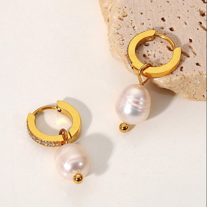 Gold Diamond Pearl Hoops Earrings