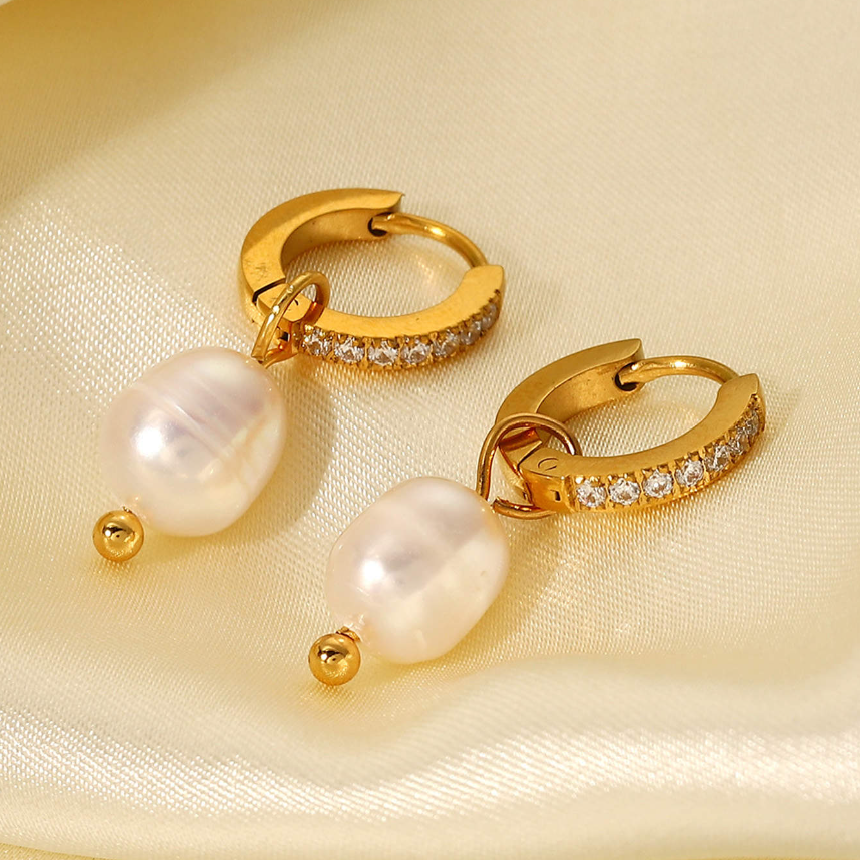 Diamond Pearl Hoops Earrings