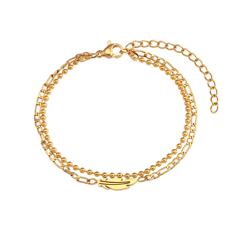gold double chain feather bracelet