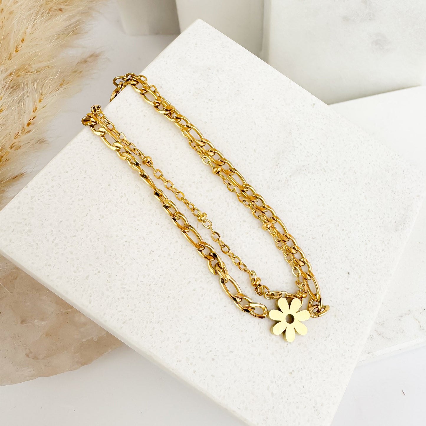 Arden gold double chain bracelet with flower