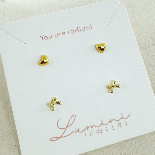 Gold mini heart bowknot studs