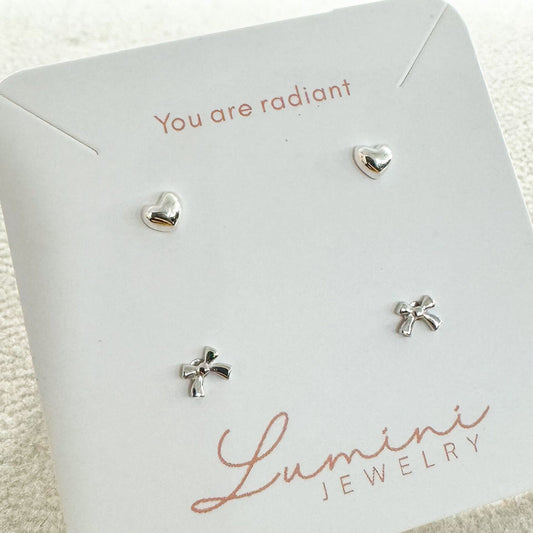 Silver mini heart bowknot studs